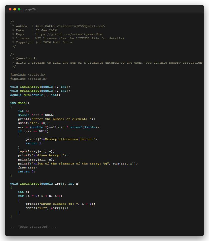 Question 9: Write a program to find the sum of n elements entered by the user. Use dynamic memory allocation (malloc() or calloc()).